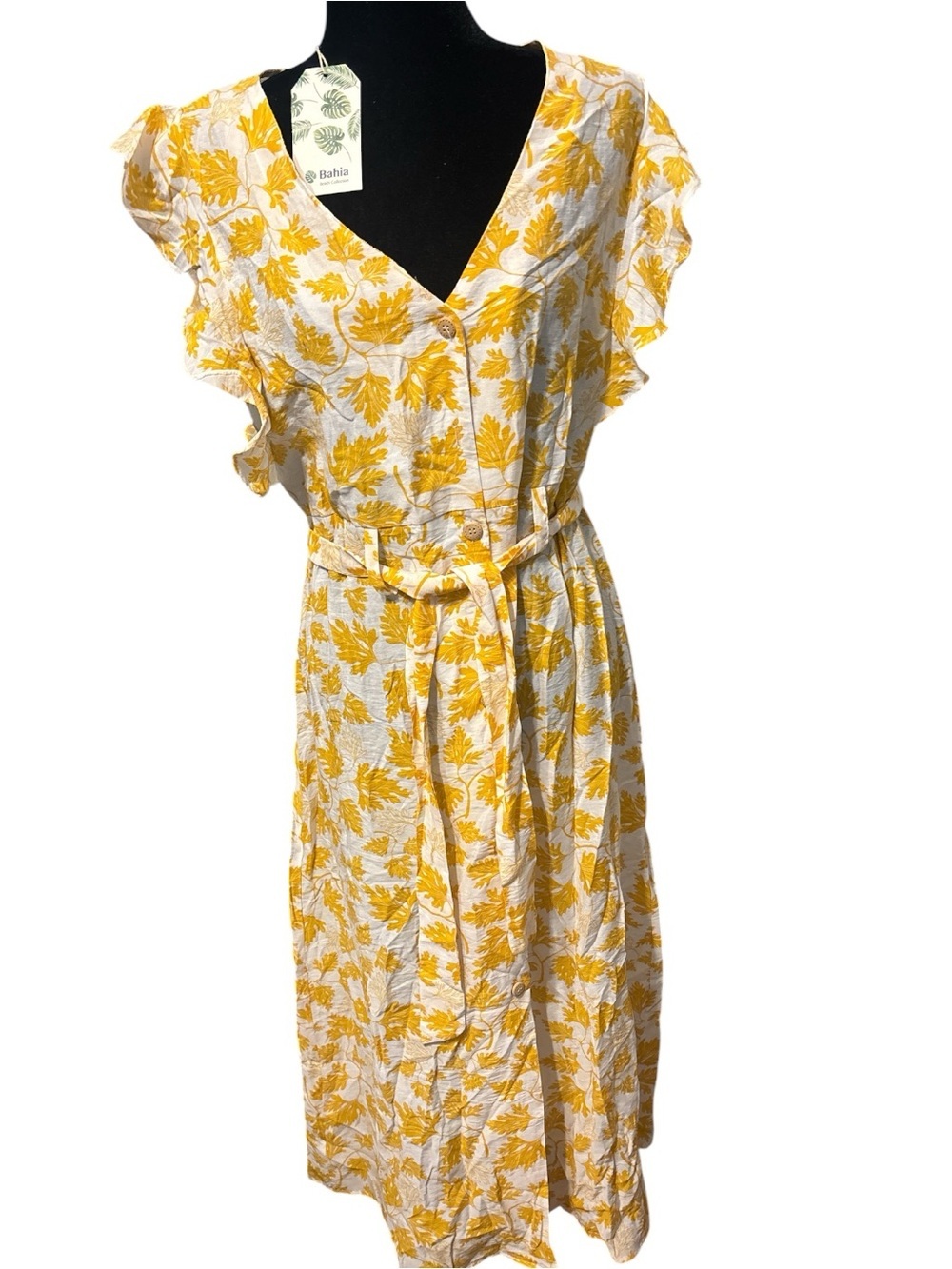 Bahia Yellow Floral Midi Dress with Tie Waist 032